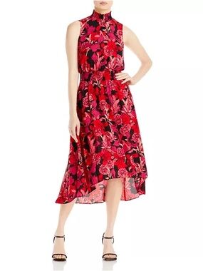 Nanette Lepore Floral High-Neck Sleeveless Midi Dress in Red and Pink